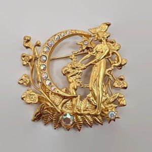 Fairy Brooch, Kirks Folly, Cherub, Crescent Moon, Gold Plated, Flowers, Signed
